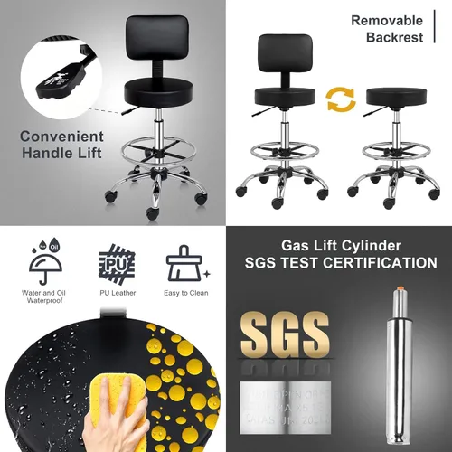 Miniatura 6 de OmySalon Silla de dibujo, silla ergonómica de escritorio de oficina con soporte para espalda, taburete alto ajustable con reposapiés y cojín de Negro
