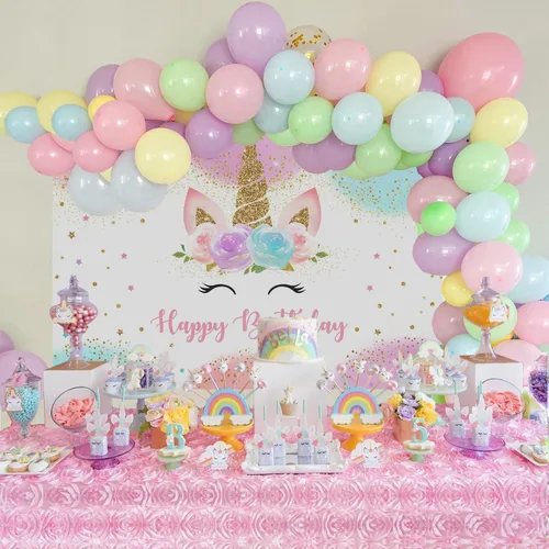Miniatura 4 de Mocsicka Decoraciones de cumpleaños de unicornio para niñas, telón de fondo de unicornio para fiesta de cumpleaños de 7 x 5 pies, arcoíris pastel