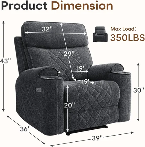 Miniatura 2 de HAOMARKETS Silla reclinable eléctrica para adultos con puerto USB, sofás reclinables eléctricos de tela suave con portavasos de metal, sillas