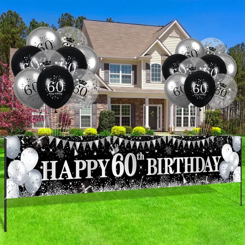 Miniatura 2 de Decoraciones de feliz cumpleaños 60, pancarta negra y plateada, letrero de patio, globos de 18 piezas para hombres y mujeres, fiesta de cumpleaños