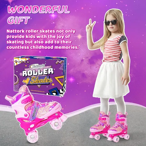 Miniatura 5 de Nattork Patines de ruedas para niñas y niños, 4 tamaños ajustables para niñas de 3 a 12 años con ruedas iluminadas y protección de seguridad, regalo
