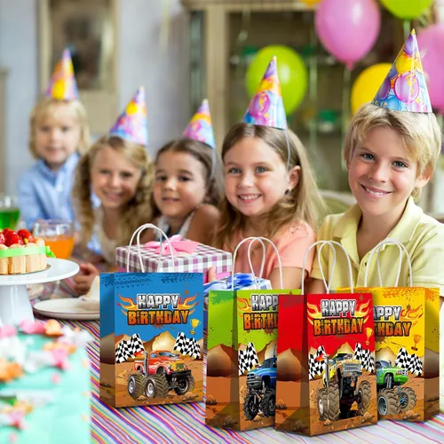 Miniatura 6 de Pajean 16 bolsas de regalo de fiesta de camiones de monstruos, camiones de carreras, regalo de papel, bolsas de dulces para suministros temáticos