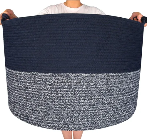 MINTWOOD Design Cesta decorativa extragrande de 22 x 16 pulgadas de cuerda de algodón tejida para sala de estar con asas y cesta de lavandería para