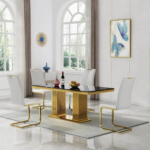 Miniatura 36 de 5 Piece Black Marble Dining Table Set for 4, Modern Faux Marble Kitchen Dining Room Tables with 4 Leather Chairs Set, 68.11" Luxury Rectangular