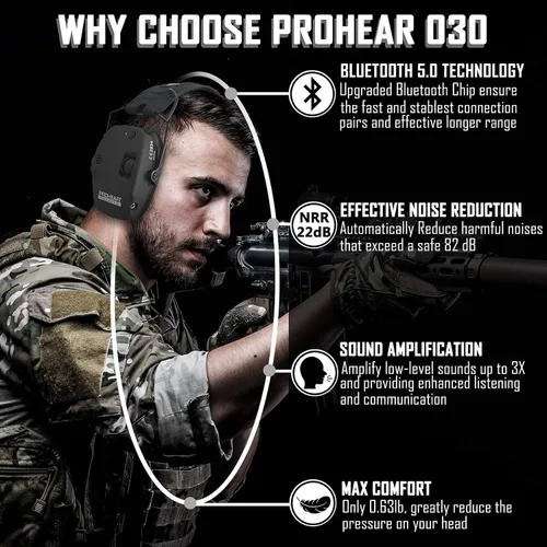 Miniatura 2 de PROHEAR 016 y 030 Pasivo y electrónico con Bluetooth Disparo Orejeras de seguridad de protección auditiva, protector auditivo delgado con perfil bajo