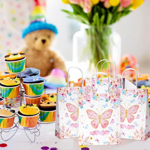 Miniatura 7 de Nezyo 24 bolsas de regalo de mariposa para fiesta, 8 x 10 pulgadas, bolsas de dulces con texto en inglés "Thank You for Fluttering", bolsa de papel