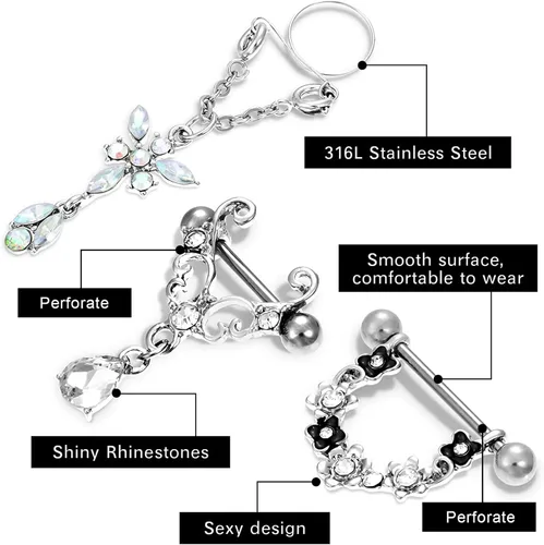 Miniatura 3 de Hicarer 12 anillos falsos de acero inoxidable para el pecho, incluye 8 anillos de pecho sin perforación y 4 anillos de pecho de imitación