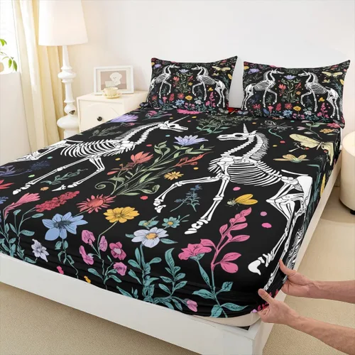 Miniatura 5 de Erosebridal Sábanas de cama de polilla de la muerte, sábana bajera ajustable de calavera gótica, tamaño individual, sábanas florales de flores