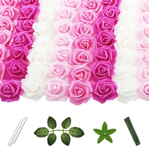 Miniatura 21 de 100 flores artificiales de 2 pulgadas, cabeza de rosa falsa de espuma a granel para decoración del hogar, decoración de boda, despedida de soltera