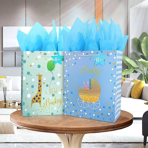 Miniatura 5 de Bolsa de regalo para bebé, bolsas de regalo grandes de 12.6 pulgadas con papel de seda, bolsa de regalo para baby shower con diseño de lámina Azul