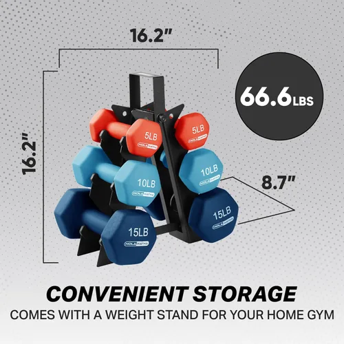 Miniatura 3 de HolaHatha Neoprene Dumbbell Weights Set w/Rack, Home Gym Equipment - Portable Weighted Exercise Dumbbells for Fitness, Training, and Lifting