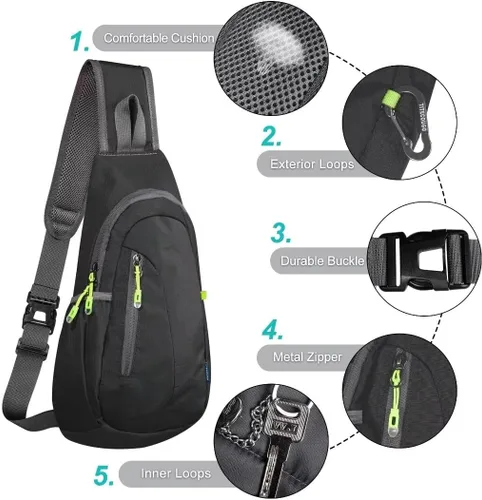 Miniatura 5 de TITECOUGO Bolso bandolera pequeño, mochila cruzada ligera para hombres y mujeres, bolsa de hombro para deportes y exteriores Negro