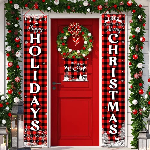 Cartel navideño de 3 piezas de Navidad para porche, pancarta de Feliz Navidad, pancarta de bienvenida para puerta delantera, letrero colgante para