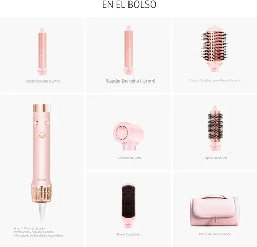 Miniatura 9 de Estilizador profesional de aire caliente 6 en 1 y potente cepillo secador de pelo y multiestilizador con rizadores de envoltura automática •