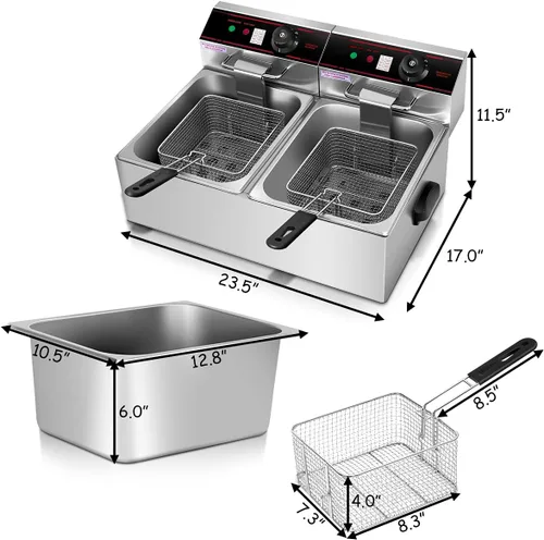 Miniatura 4 de Giantex Freidora comercial de 3400 W, tanque doble, freidora eléctrica de acero inoxidable de 12.8 cuartos de galón con 2 cestas, tapas y control