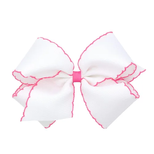 Miniatura 7 de Wee Ones - Lazo clásico de grogrén con borde de puntadas lunares para niñas, con clip para cabello WeeStay, borde en contraste, King, blanco