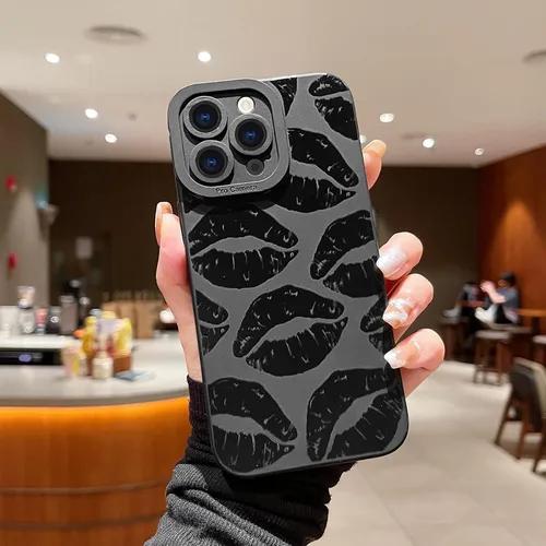 Miniatura 2 de LAPOPNUT Funda negra para iPhone 13 Pro Max, Funda de silicona suave con diseño de patrón de labios lindo para mujeres y niñas, Funda protectora a