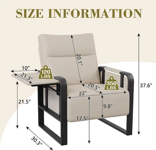 Miniatura 2 de Silla de Acento Moderna Tapizada en Cuero PU Sillón con Mesa de Bandeja para Dormitorio Sala de Estar Sillas Silla de Oficina Beige