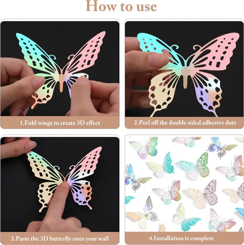 Miniatura 7 de SAOROPEB Decoración de pared de mariposa 3D, 48 piezas, 4 estilos, 3 tamaños, decoraciones de cumpleaños de mariposa, decoraciones de fiesta
