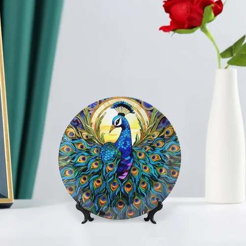 Miniatura 6 de Platos decorativos bohemios de pavo real con estampado de vitrales, platos de cerámica para decoración del hogar, exhibición de platos llanos