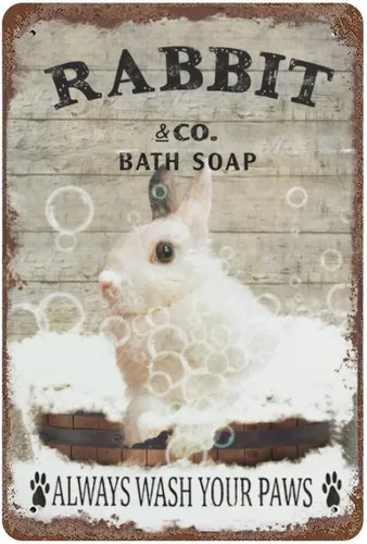 Placa colgante de hierro vintage con diseño de conejo y jabón de metal con texto en inglés "Wash Your Paws", letrero de hojalata retro divertido