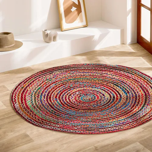 Miniatura 2 de Alfombra redonda de yute tejida a mano de 3 pies - Alfombras bohemias coloridas para sala de estar - Alfombra bohemia multicolor trenzada a mano