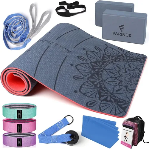 Esterilla de yoga de 1/3 pulgadas de grosor, juego de yoga para principiantes incluye esterilla de alta densidad con correa de múltiples asas,
