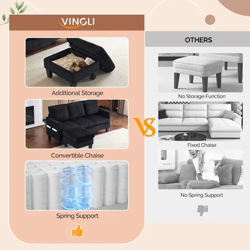 Miniatura 6 de VINGLI Sofá en forma de L de 68.5 pies con otomana de almacenamiento móvil, sofá modular convertible en tela de pana suave, moderno sillón Negro
