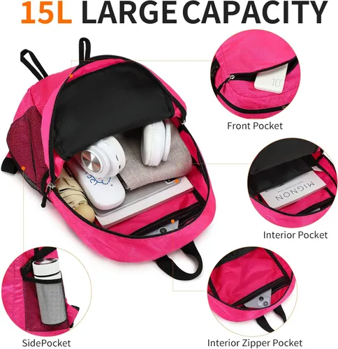 Miniatura 5 de Mochila pequeña de senderismo de 15L, ligera, plegable, resistente al agua, mochila de viaje para camping, mochila de día plegable para mujeres