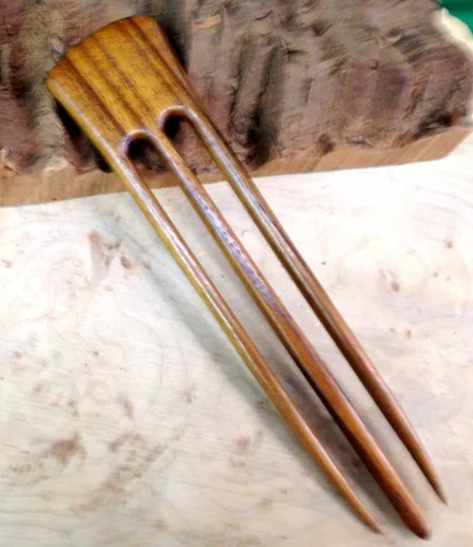 Miniatura 2 de JWL (1) Horquilla de madera de teca de tres puntas de 6 pulgadas para el pelo recto, estilo hawaiano