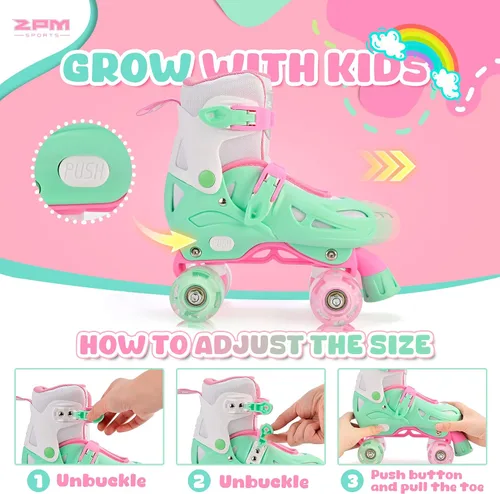 Miniatura 4 de 2PM SPORTS Patines de ruedas con luz ajustable de 4 tamaños para niñas, 4 ruedas intermitentes, patines para principiantes para niños de 5 a 8 y 8 a
