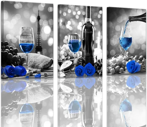 Miniatura 10 de Obras de arte de rosas de vino para paredes del hogar, blanco y negro con pintura de vino azul, decoración de comedor, cuadros de cocina azules