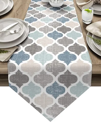 Camino de mesa Marruecos de 36 pulgadas de lino y algodón, diseño geométrico marroquí a cuadros azul y gris, decoración de mesa de granja, bufandas