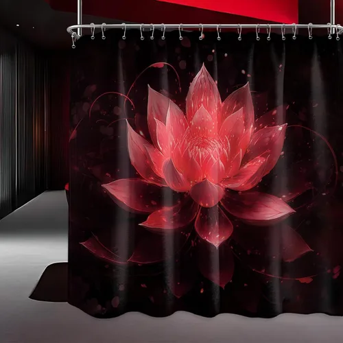 Miniatura 23 de Cortina de ducha con flores de loto negro y azul para decoración de baño, juego de cortinas decorativas de baño con estampado floral, tela