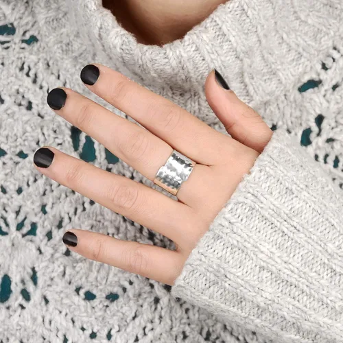 Miniatura 5 de Boho-Magic Anillo de plata de ley 925 para mujer, diseño de pulgar, ancho martillado, ajustable, Metal