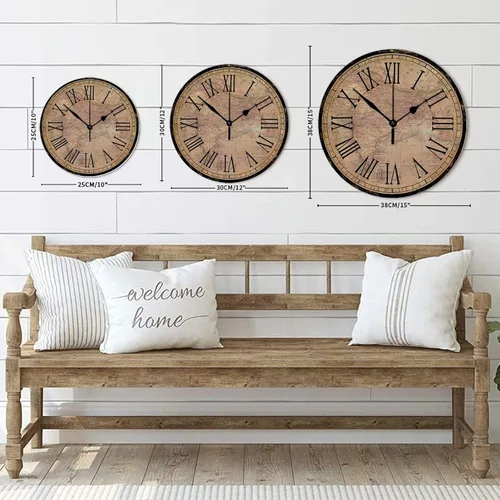 Miniatura 8 de Reloj de pared redondo de madera, estilo vintage, mapa del viejo mundo, movimiento de barrido, reloj de pared silencioso, estilo campestre, reloj