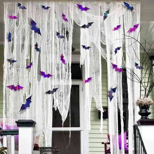 Miniatura 6 de 72 piezas de murciélagos para decoración de Halloween, murciélagos iridiscentes 3D, decoración de pared, papel holográfico negro y morado