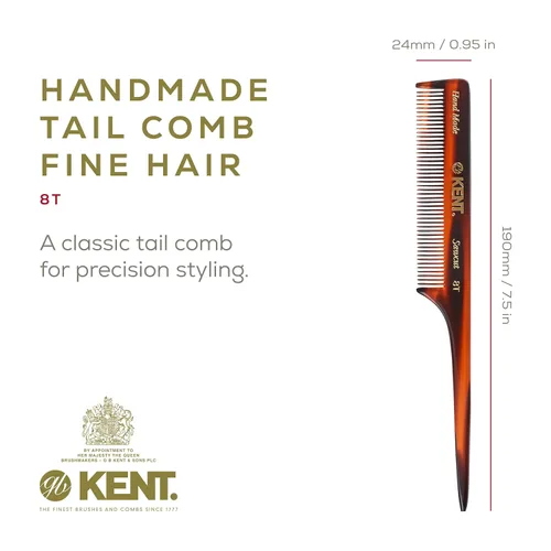 Miniatura 2 de Kent Peines de cola de rata 8T para peinar y seccionar, peine de dientes finos hechos a mano para trenzar el cabello y peinar para mujeres, corte