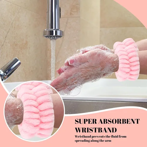 Miniatura 6 de CAVETEE Diadema de maquillaje para mujer, cuidado de la piel rosa para lavar la cara, lindo spa hinchado con banda elástica y esponjas faciales
