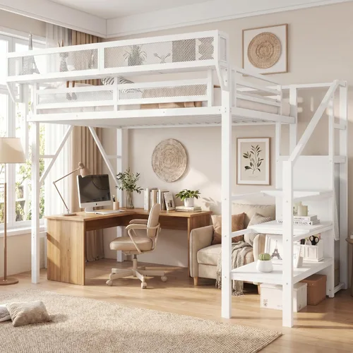 Miniatura 3 de Mirightone - Cama alta tamaño individual con escaleras y almacenamiento, base de cama de metal, estante de noche y gran espacio debajo, resistentes