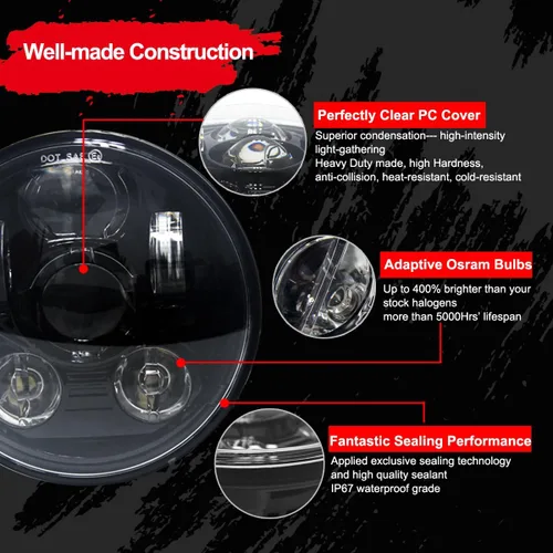 Miniatura 4 de Faro LED proyección Wisamic 5 – 3/4 pulgadas 5.75 pulgadas Daymaker para motocicletas Harley-Davidson 9 piezas foco, Negro