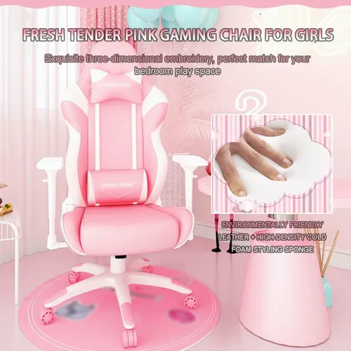 Miniatura 3 de Silla ergonómica para juegos de PC, silla de oficina fresca y tierna, color rosa para niñas, silla gamer, gran ángulo de 160°, puede acostarse