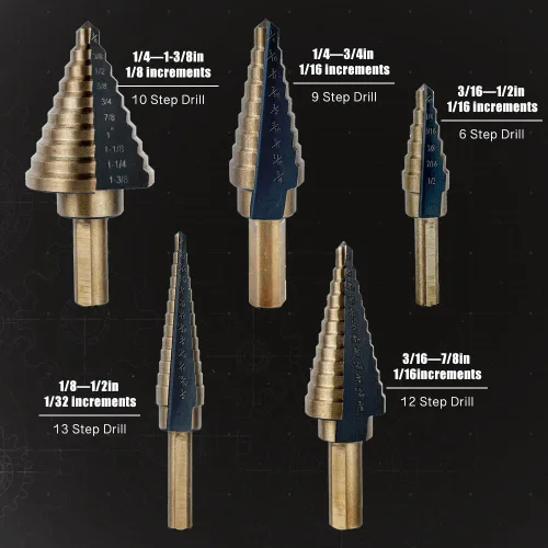 Miniatura 2 de Juego de 5 brocas escalonadas, 5 brocas escalonadas con revestimiento de titanio HSS, 50 tamaños de 1/8 a 1-3/8 pulgadas, vástago triplano