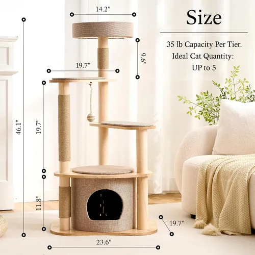 Miniatura 9 de 797Audio Moderno árbol de madera para gatos, árbol estético para gatos de 46 pulgadas con postes rascadores de madera de pino natural y condominio