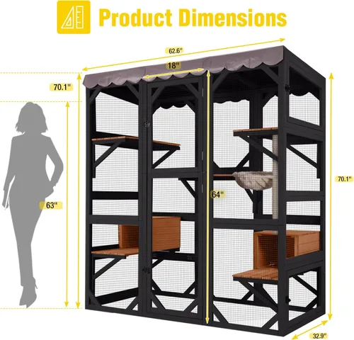Miniatura 6 de Wooden Catio Outdoor Cat - Amplio condominio para gatos con 7 plataformas de escalada, 2 acogedoras casas de siestas, panel de ventana expandible