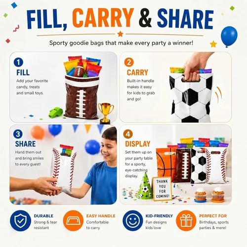 Miniatura 5 de Funrous 24 Pcs Football Sports Party Favor Bags Soccer Candy Gift Plastic Goodie Treat Bags Bulk with Handles for Baseball Basketball Theme Event