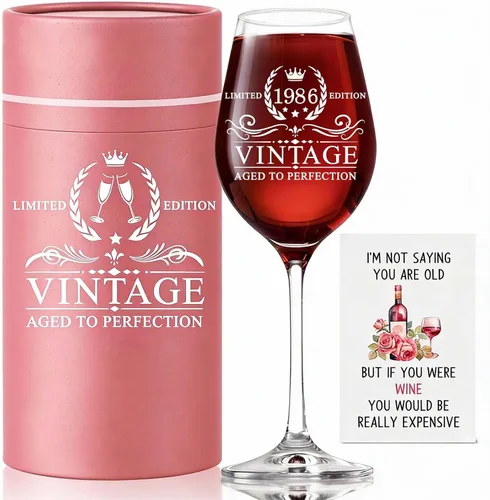 Regalos de cumpleaños número 40 para mujeres, copa de vino vintage de 18 onzas con tallo de 1986, información de la antigüedad de 1986, regalos de