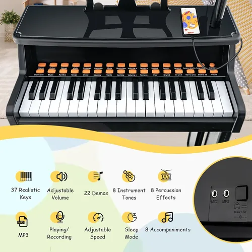 Miniatura 4 de HONEY JOY Piano para niños, piano de teclado negro de 37 teclas para niños con soporte de música y banco, regalo para bebés con micrófono