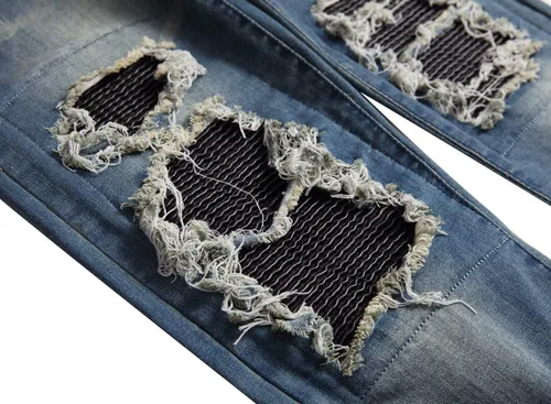 Miniatura 7 de QIMYUM Jeans ajustados para hombre, jeans ajustados rasgados para hombre, jeans de motociclista, elásticos, pantalones de mezclilla de Moto Cargo