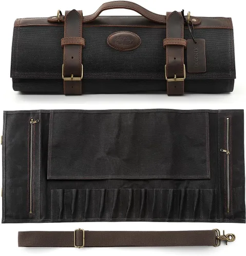 XINZUO Bolsa Enrollable para Cuchillos de Chef Profesional, Lona Encerada de 16 oz y Cuero Crazy Horse, 12 Ranuras Más 2 Bolsillos con Cremallera,